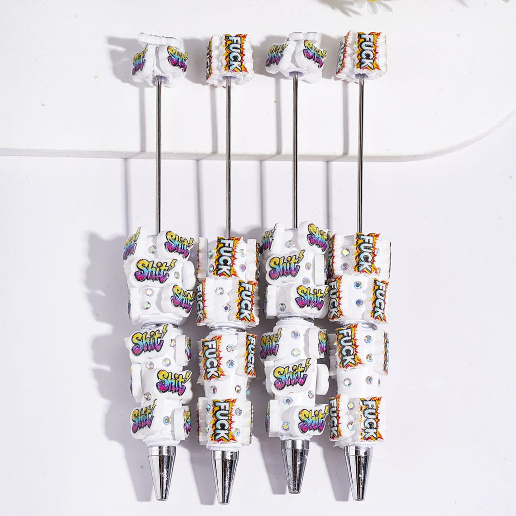 Beadable Clay Pens with Two Style Humor Text "S..." and "F...", AB Rhinestones