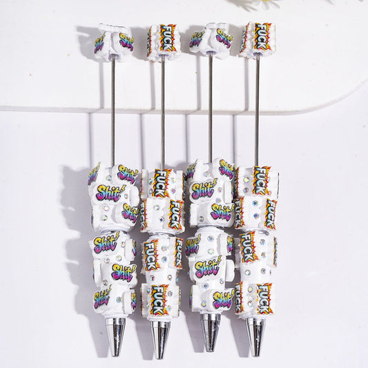Beadable Clay Pens with Two Style Humor Text "S..." and "F...", AB Rhinestones