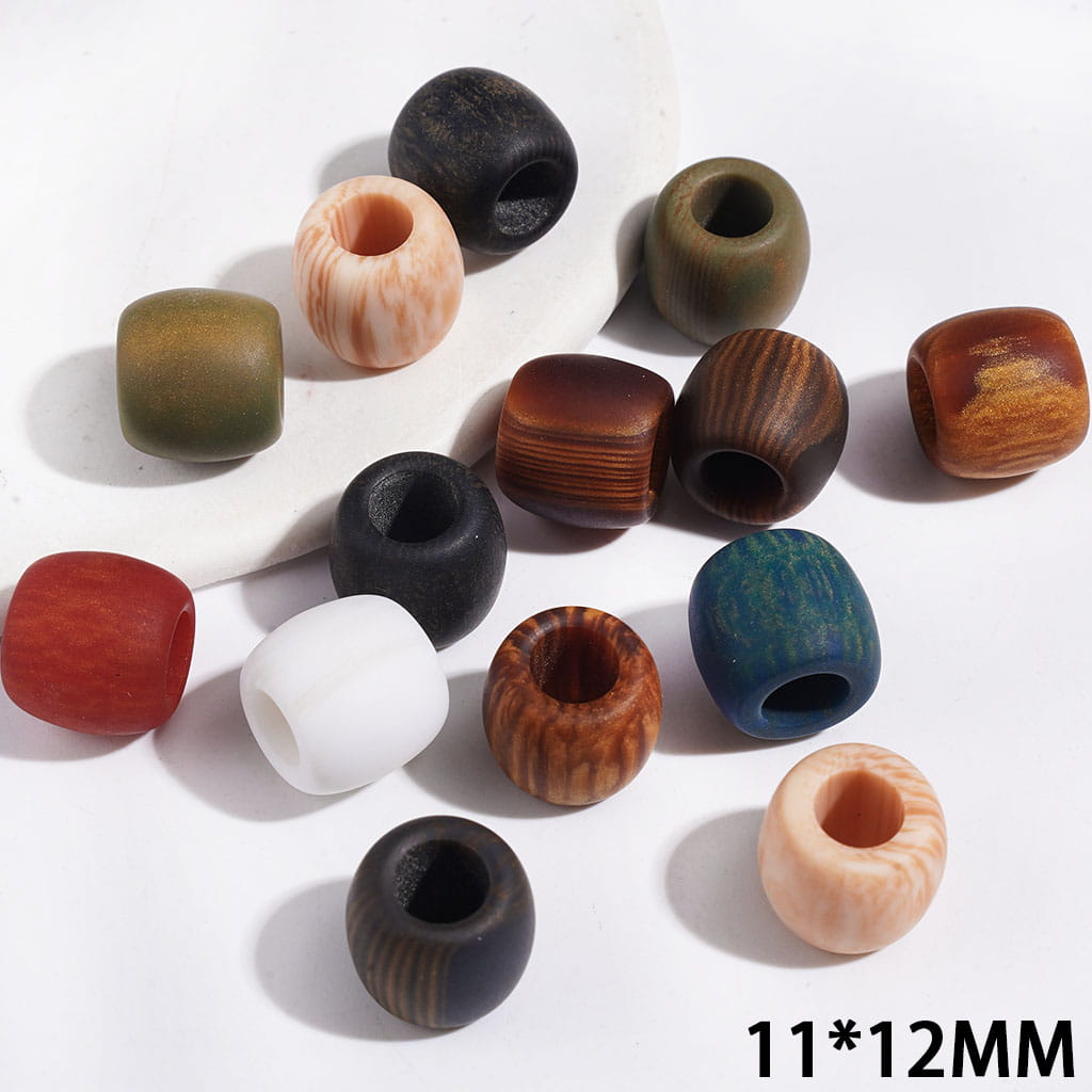 Acrylic Barrel Beads with Wood Texture, Large Hole Beads, 11*12MM, Multi-Color, Random Mix (The Hole Diameter is 6MM)