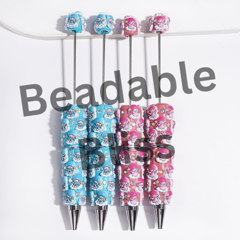 Twin Double Star Character on White Cloud and AB Rhinestones Beadable Clay Pens, Pink and Blue
