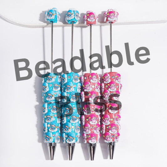 Twin Double Star Character on White Cloud and AB Rhinestones Beadable Clay Pens, Pink and Blue