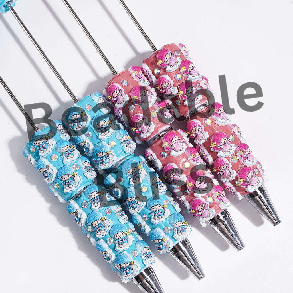 Twin Double Star Character on White Cloud and AB Rhinestones Beadable Clay Pens, Pink and Blue