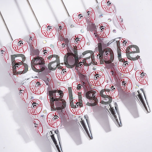 Beadable Clay Pens with American NY Baseball Circle Prints, AB Rhinestones, Red White Sports Style