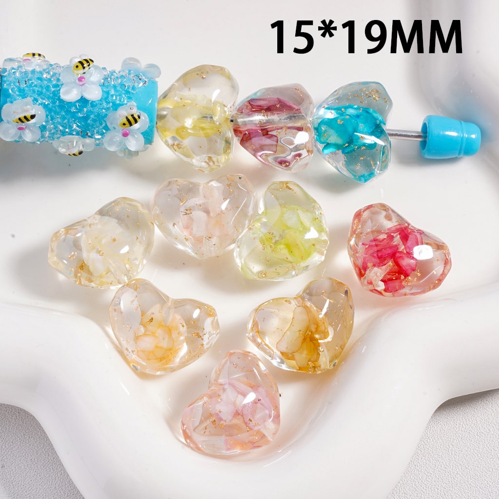 Acrylic Beads UV Coating Polyhedral Hearts with Gold Foil Paper Broken Shell Flakes inside, 15*19mm