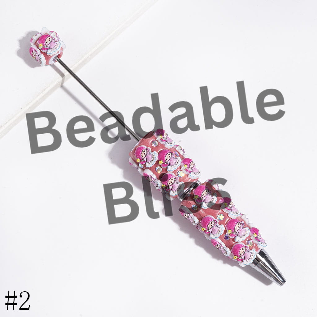 Twin Double Star Character on White Cloud and AB Rhinestones Beadable Clay Pens, Pink and Blue