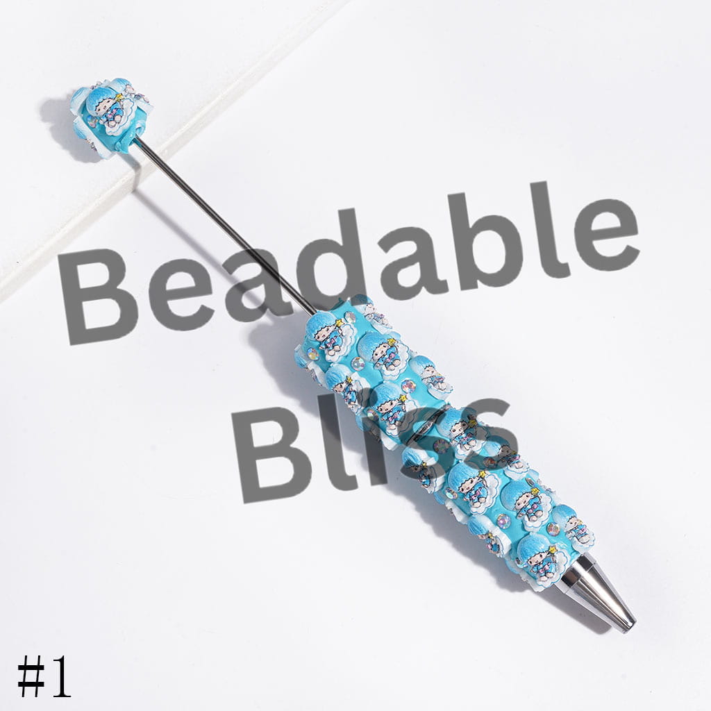 Twin Double Star Character on White Cloud and AB Rhinestones Beadable Clay Pens, Pink and Blue