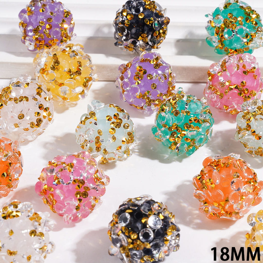 Handmade Acrylic Beads with Cone Shaped Clear and Glod Rhinestones, 18MM Multi-Color Random Mix