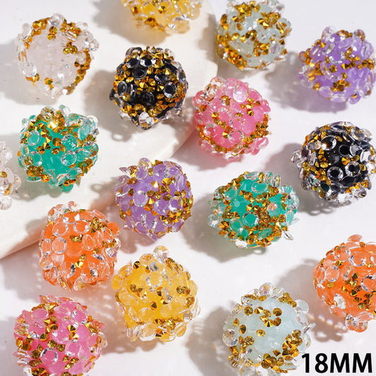 Handmade Acrylic Sugar Beads with Clear Cone Shaped Crystal and Gold Rhinestones, 18MM Multi-Color Random Mix
