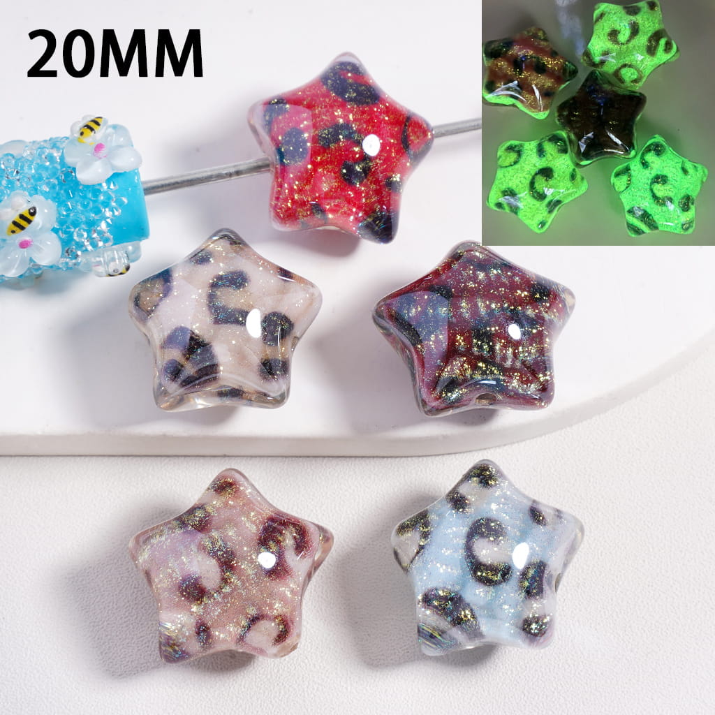 Acrylic Beads Luminous Five-Pointed Star with Leopard and Gold Glitter, 20MM, Random Mix