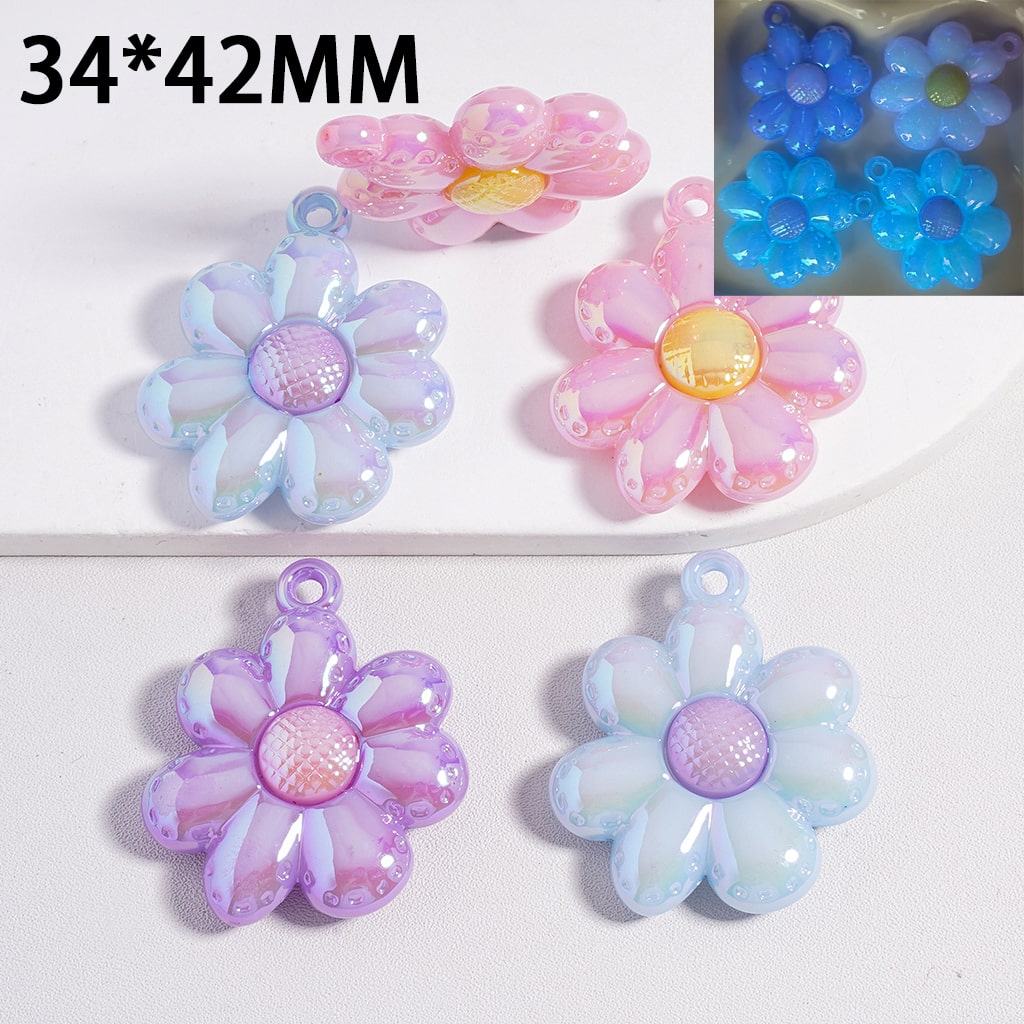 Acrylic Pendants Luminous Cream Color Flowers, Multi-Color, Random Mix, 34*42MM