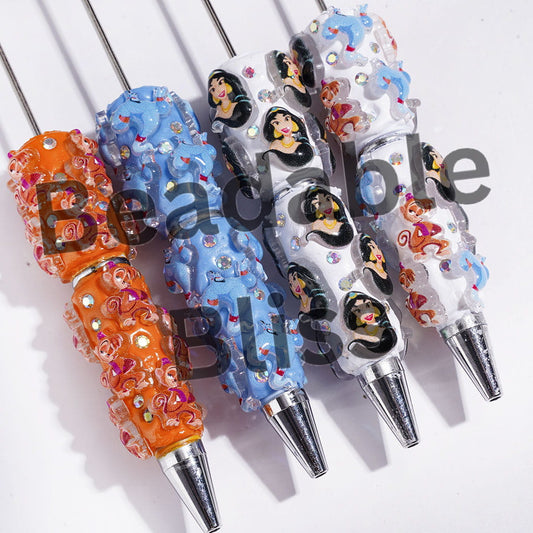 Beadable Clay Pens with Fairy Tale Cartoon Character Princess Monkey Magic Lamp, AB Rhinestones
