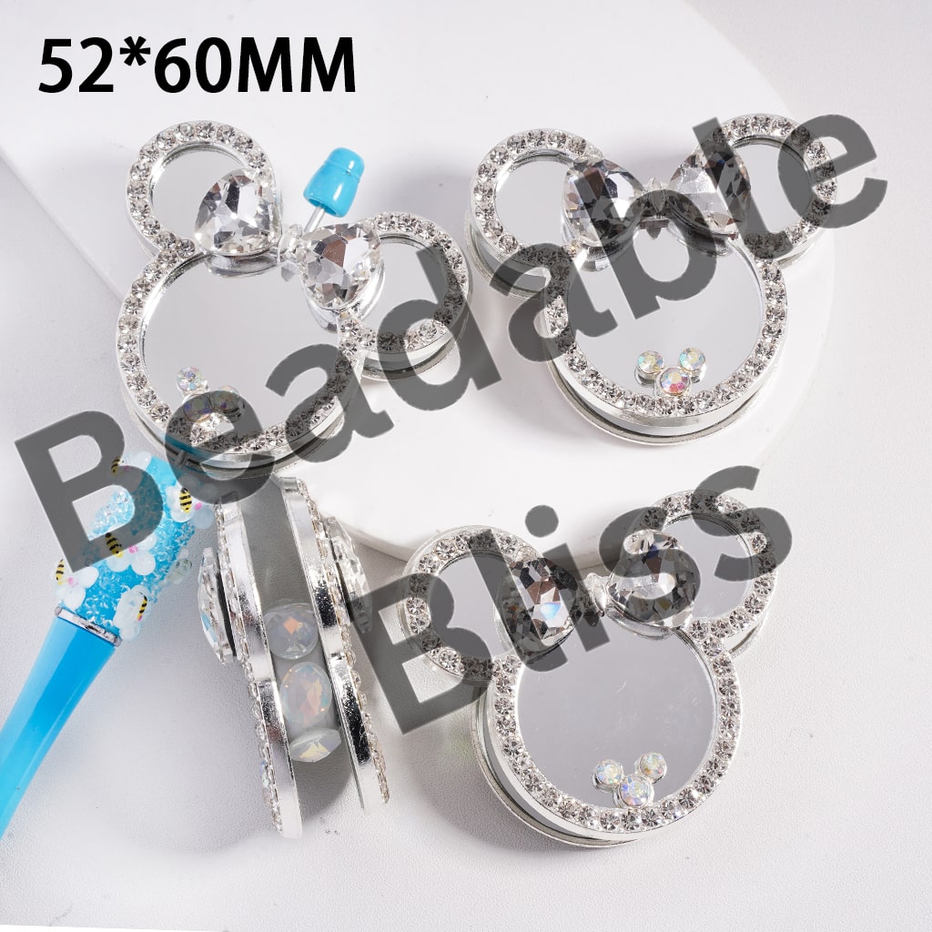 Clay Beads w AB Rhinestones, Fancy Silver Alloy Mouse Head Shaped Mirror & Bowtie, 52*60MM