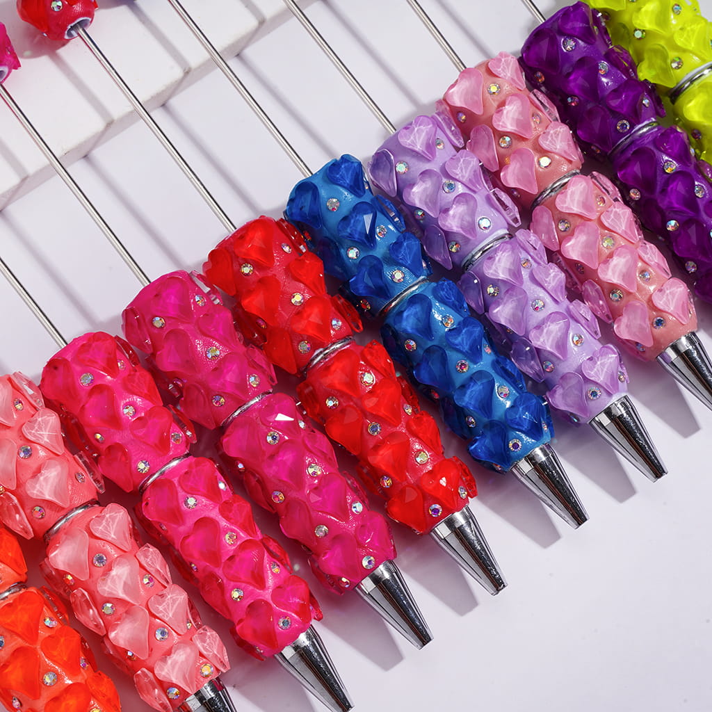 Beadable Clay Pens with Pointy Peach Hearts and AB Rhinestones, Fluorescence, Multi-Color