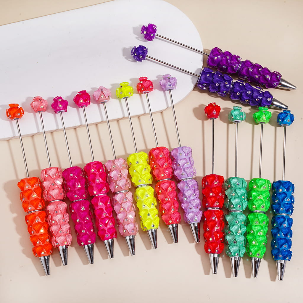 Beadable Clay Pens with Pointy Peach Hearts and AB Rhinestones, Fluorescence, Multi-Color