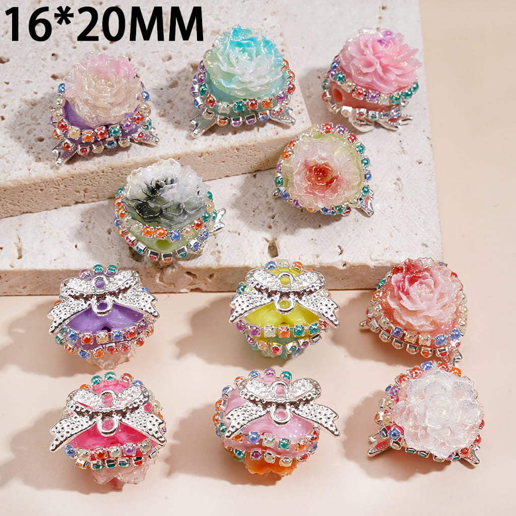 Handcrafted Acrylic Beads Flat Heart Shape w Luminous Peony Flowers & Silver Metal Bowtie, Colorful Chains, 16*20MM, Random Mix