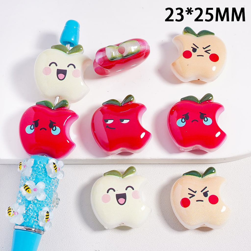 Acrylic Beads Apples in Various Face Expressions Designs, Random Mix, 23*25MM