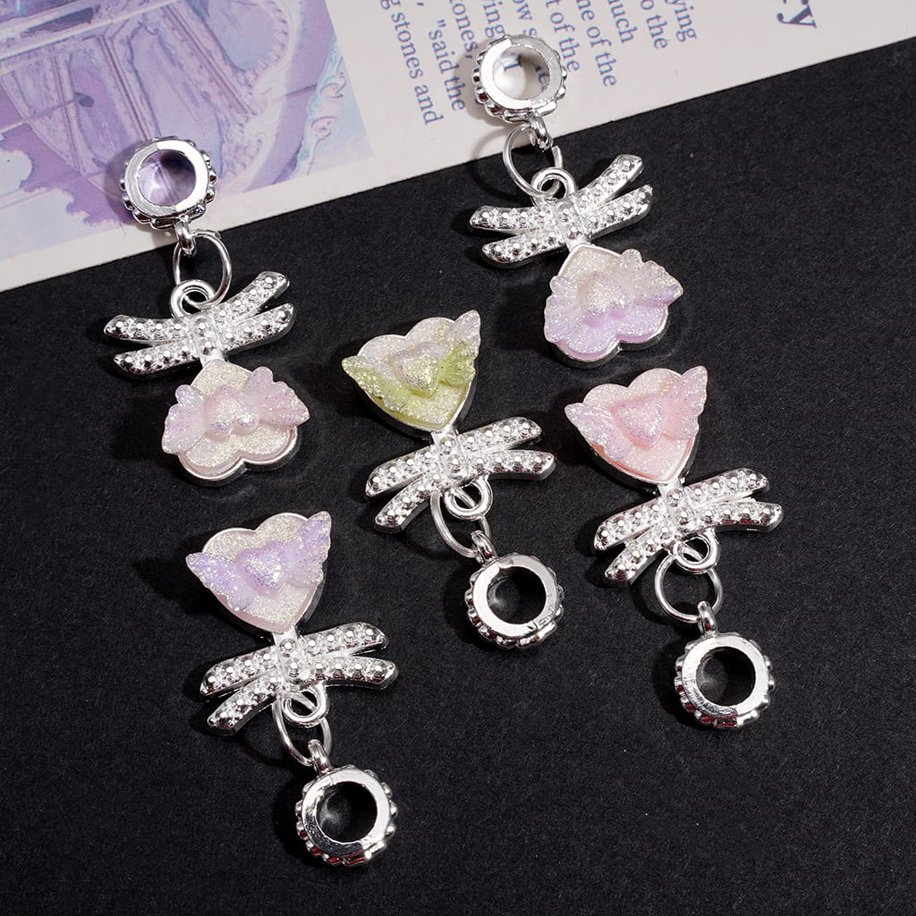 Silver Alloy Bail Loop Beads, Charm Pendants Dragonfly Heart with Shiny Heart and Wings, Random Mix