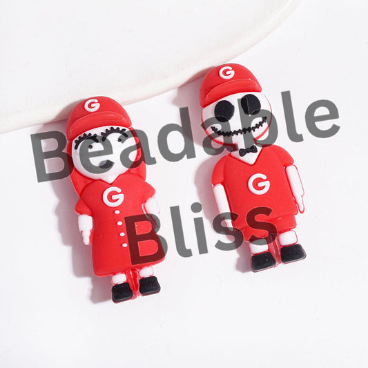 Silicone Beads 3D Skull Skeleton Couple Character with Red Sports Hat & Jersey Set, Green Bay Football Team, Height 44MM