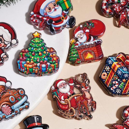 Santa Claus Drive Sleigh & Sneak Into Chimney | Christmas Tree Snowman Gift Box Candy Cane Gingerbread Man Drive Car Acrylic Beads, Random Mix