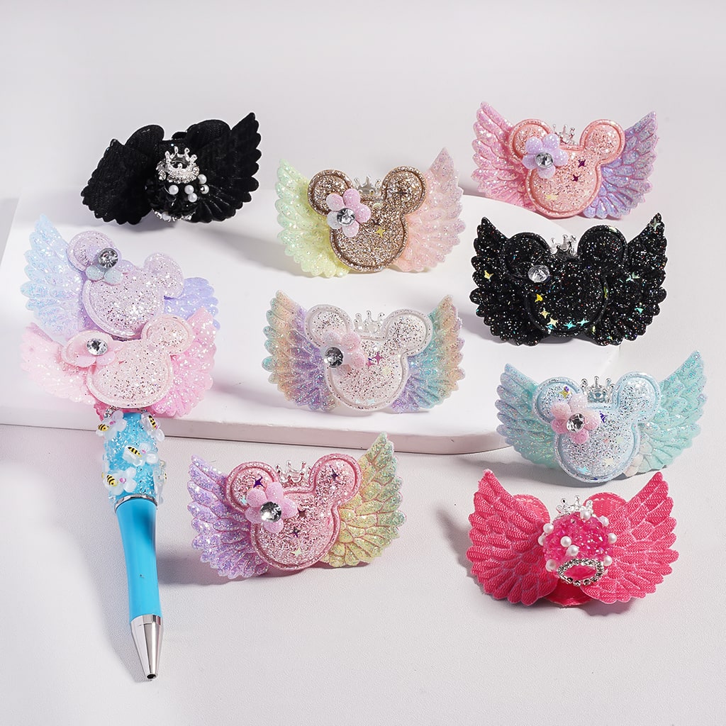 Sugar Acrylic Beads with Fancy Silver Crown White Pearls Shiny Rhinestones Glitter Fabric Wing Mouse Head Flower