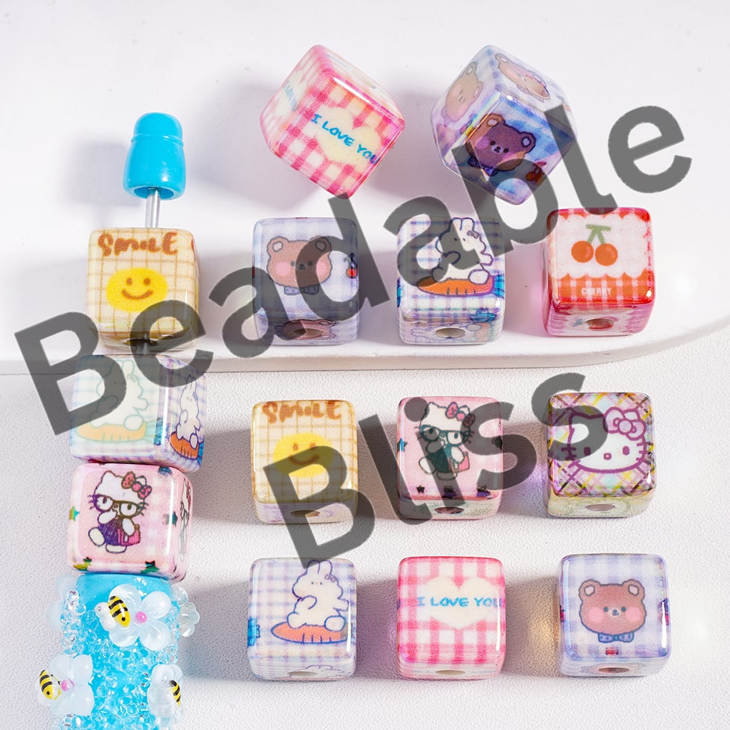 Acrylic Beads UV Coating Rabbit Cute Cat Bear Character Series, Cube Square Shape, Random Mix