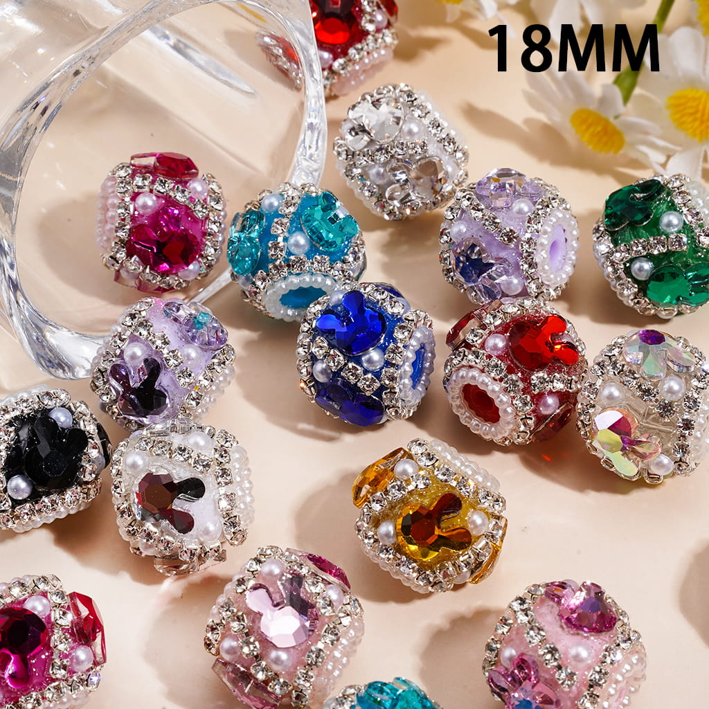 Handmade Acrylic Beads with Bunny Head Rhinestones & Clear Rhinestone Chains, White Pearl Chains, 18MM, Random Mix