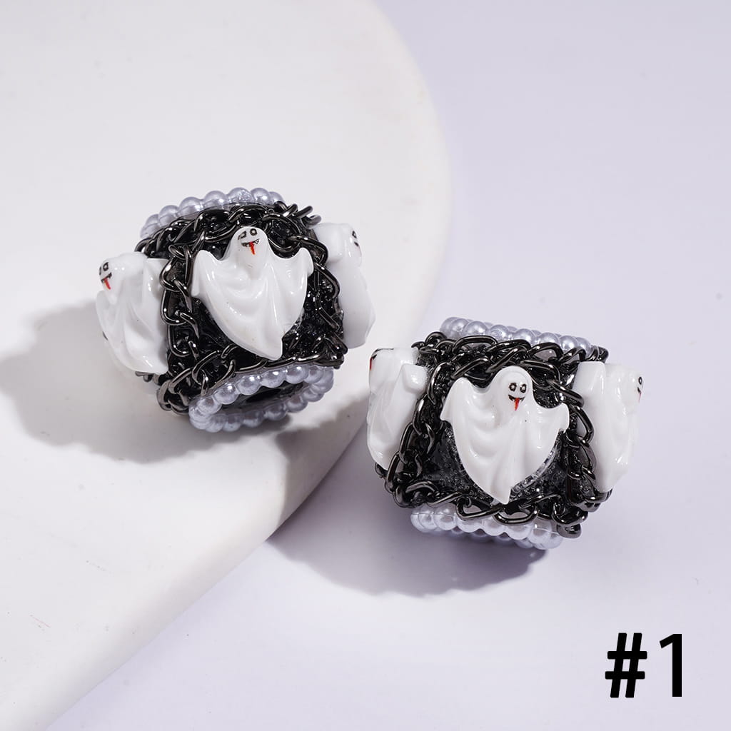 Handmade Acrylic Beads with Spooky Horror Character Series & Gun Black Metal Tassel Chains, White Pearl & AB Rhinestone Chains