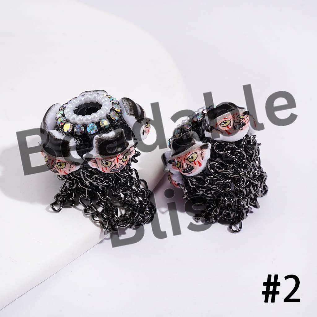 Handmade Acrylic Beads with Spooky Horror Character Series & Gun Black Metal Tassel Chains, White Pearl & AB Rhinestone Chains