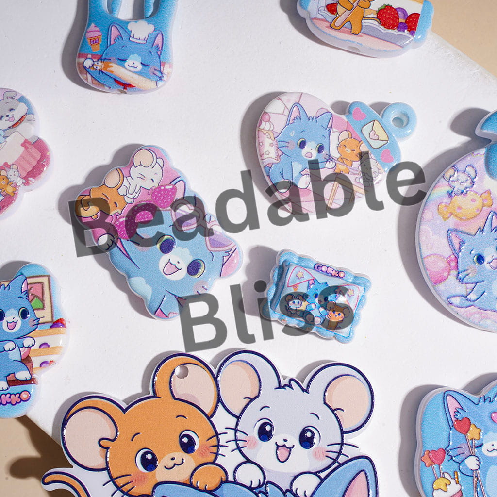 Acrylic Beads and Pendants Funny Cat and Mouse Character Desserts Series, Random Mix