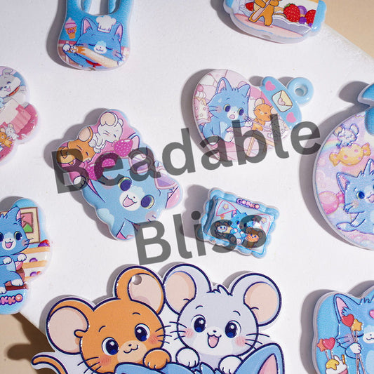 Acrylic Beads and Pendants Funny Cat and Mouse Character Desserts Series, Random Mix