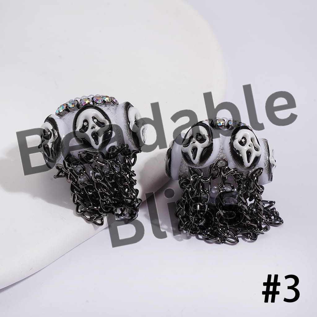Handmade Acrylic Beads with Spooky Horror Character Series & Gun Black Metal Tassel Chains, White Pearl & AB Rhinestone Chains