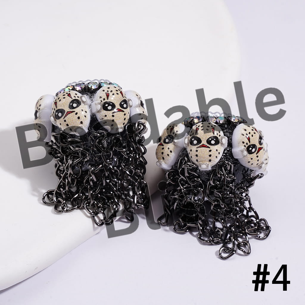 Handmade Acrylic Beads with Spooky Horror Character Series & Gun Black Metal Tassel Chains, White Pearl & AB Rhinestone Chains