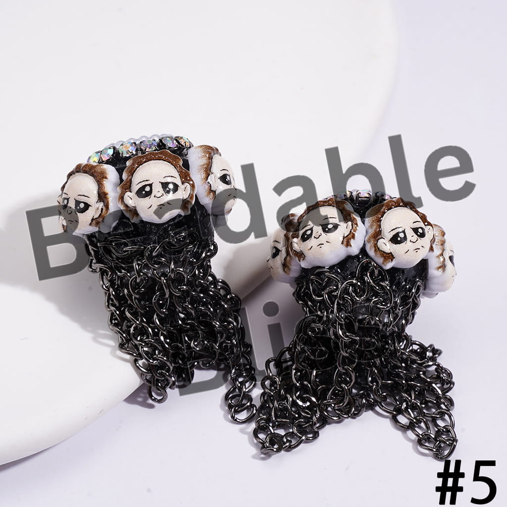 Handmade Acrylic Beads with Spooky Horror Character Series & Gun Black Metal Tassel Chains, White Pearl & AB Rhinestone Chains