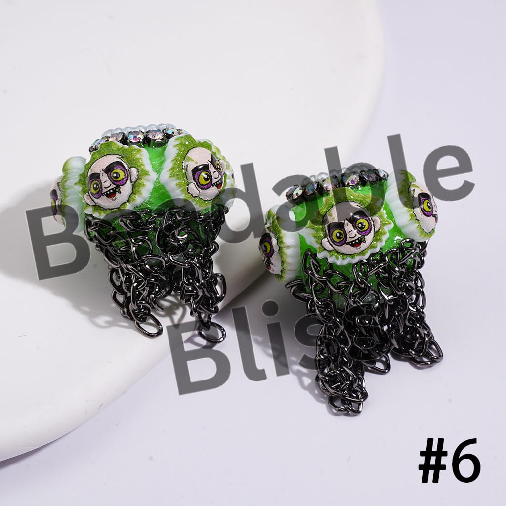 Handmade Acrylic Beads with Spooky Horror Character Series & Gun Black Metal Tassel Chains, White Pearl & AB Rhinestone Chains