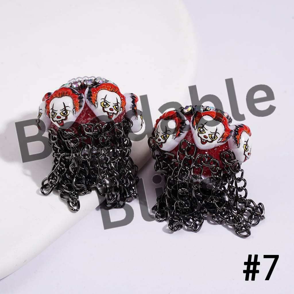 Handmade Acrylic Beads with Spooky Horror Character Series & Gun Black Metal Tassel Chains, White Pearl & AB Rhinestone Chains