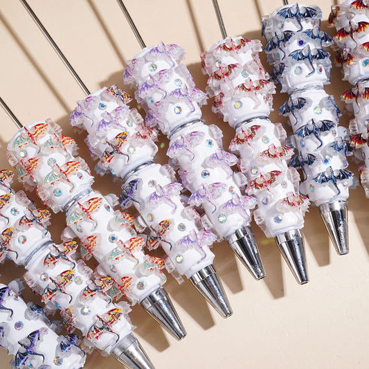 Beadable Clay Pens with Flying Dragon in Various Colors, AB Rhinestones, Random Mix
