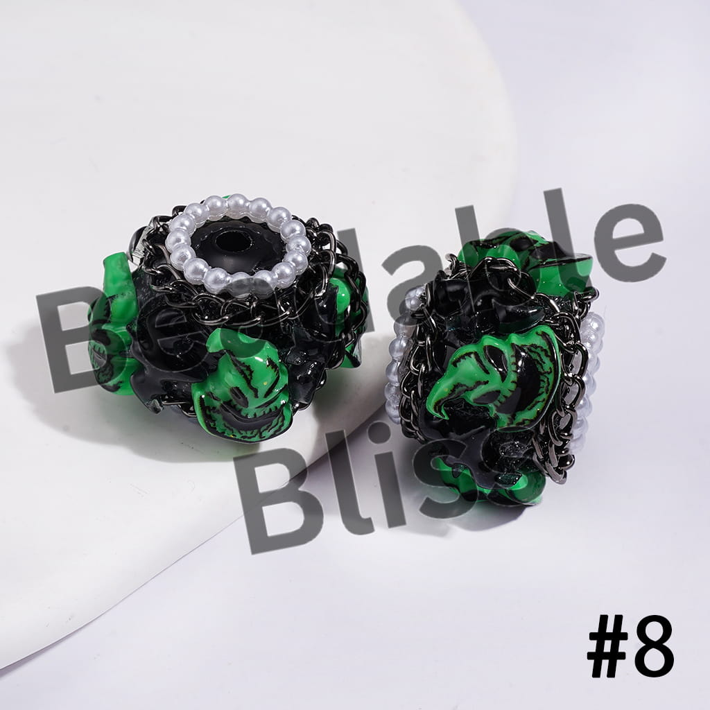 Handmade Acrylic Beads with Spooky Horror Character Series & Gun Black Metal Tassel Chains, White Pearl & AB Rhinestone Chains