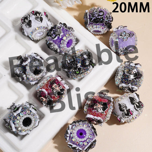 Hand-Made Acrylic Beads with Tiny Iridescent Bubble Balls and Villain Character Trim, AB Rhinestone and White Pearl Chains, 20MM, Random Mix