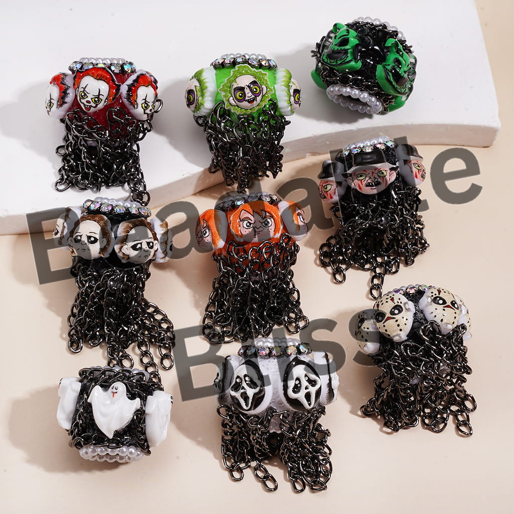 Handmade Acrylic Beads with Spooky Horror Character Series & Gun Black Metal Tassel Chains, White Pearl & AB Rhinestone Chains