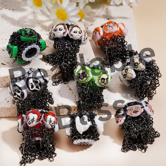 Handmade Acrylic Beads with Spooky Horror Character Series & Gun Black Metal Tassel Chains, White Pearl & AB Rhinestone Chains
