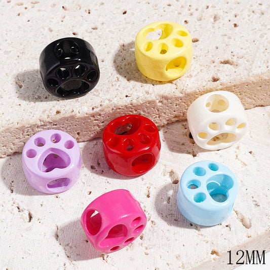 Acrylic Beads with Hollowed Cat Claw, 12MM, Flat Round Shape, Big Hole Beads, Multi-Color, Random Mix (The Hole Diameter is 5MM)