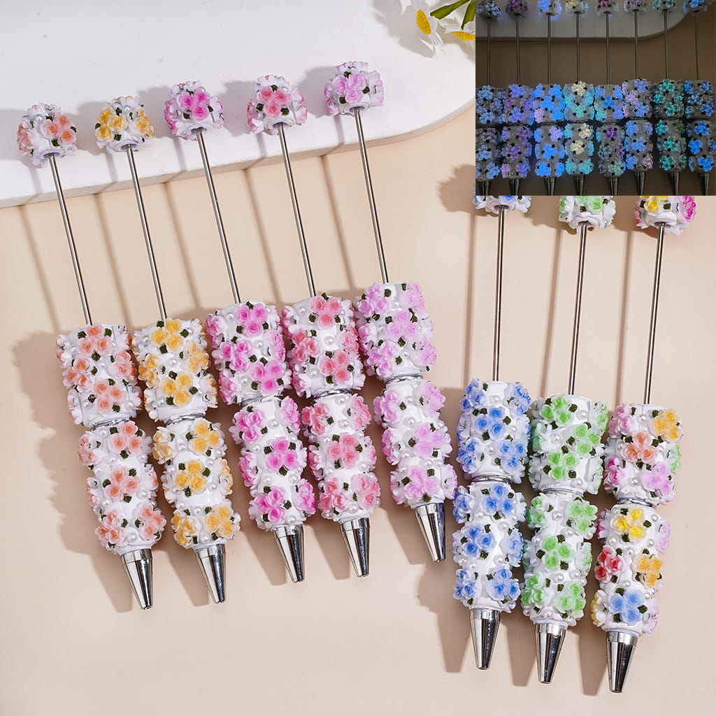 Beadable Clay Pens with Three Flowers and White Pearls, Multi-Color, Random Mix