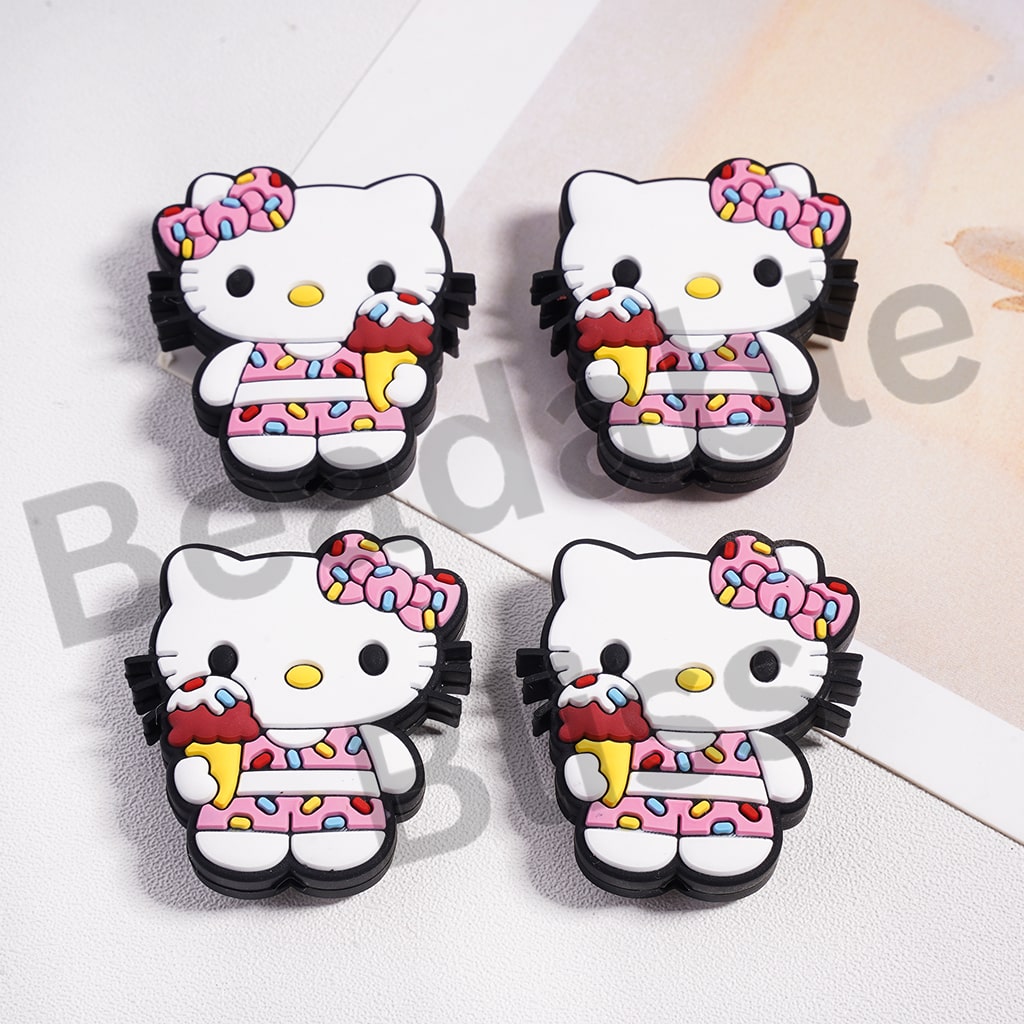 Silicone Focal Beads Cute Cat Hold Ice-cream with Pink Bowtie