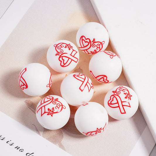 Round Printed Silicone Beads Red Heart Ribbon Butterfly Flower Leaves Valentine's Day
