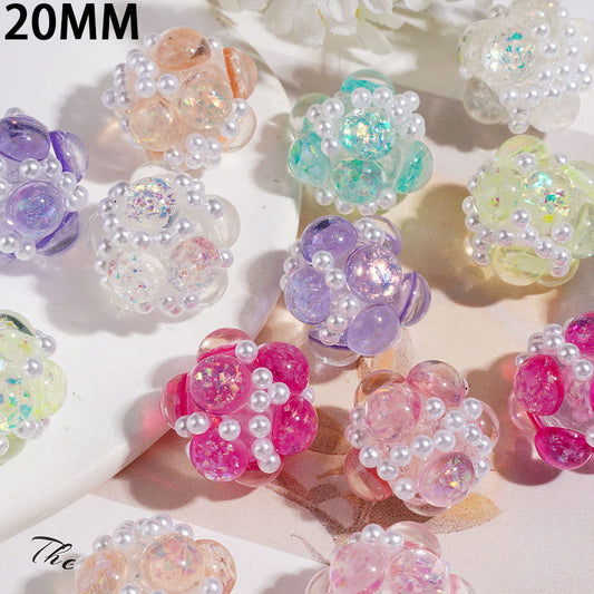 White Pearls and Half-Faced Round Clear Rhinestones with Shiny Sequin Acrylic Beads by Handmade, 20MM, Multi-Color
