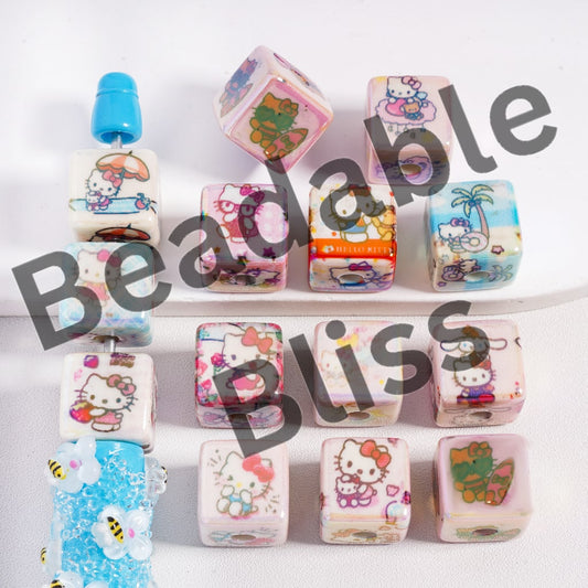 Acrylic Beads UV Coating Cute Cat Character Series, Cube Square Shape, Random Mix, 14*14MM