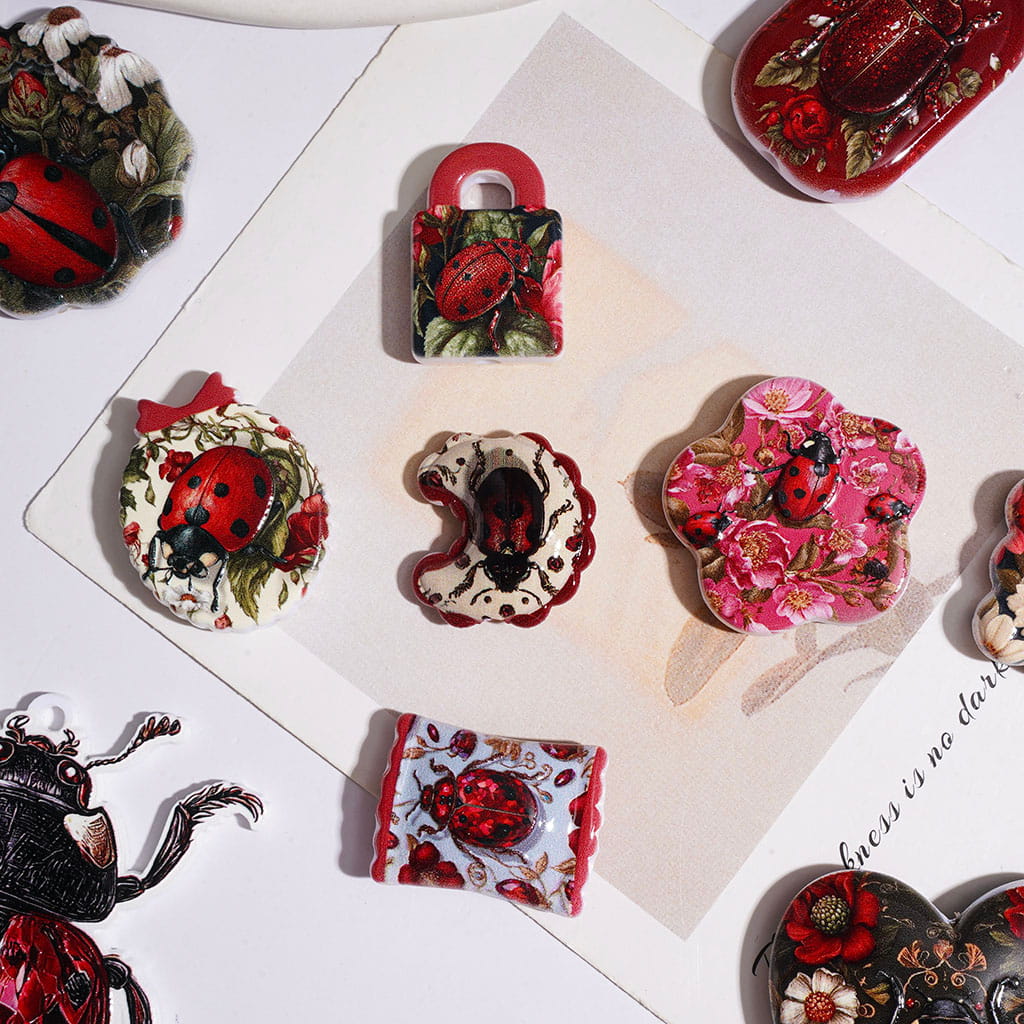 Acrylic Beads and Pendants Ladybug with Flower Series in Dark Red, Random Mix
