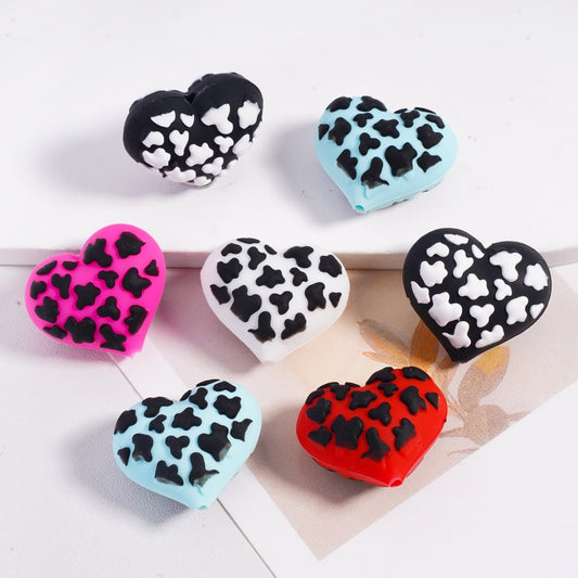 Silicone Focal Beads 3D Cute Heart with Black White Cow Prints