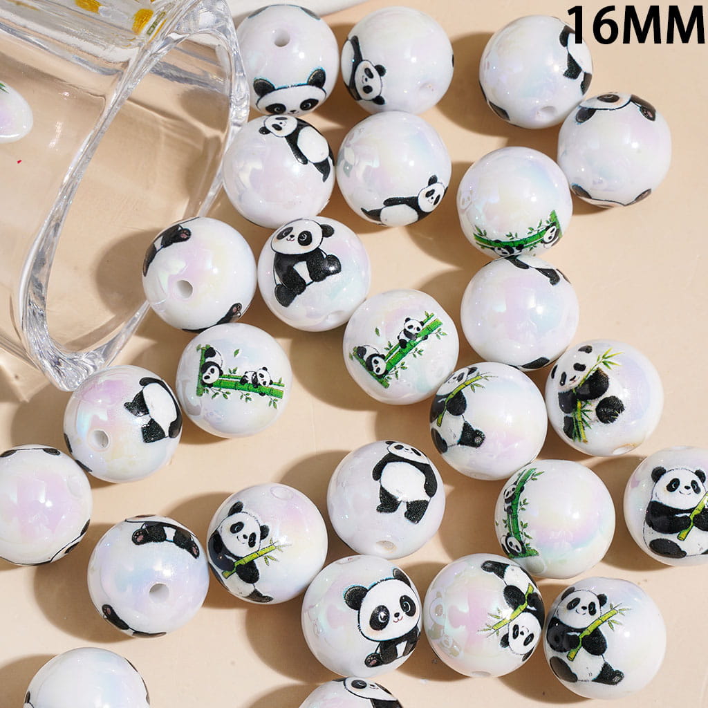 Acrylic Beads for Bracelets UV Coating Cute Panda Prints, 16MM, Random Mix
