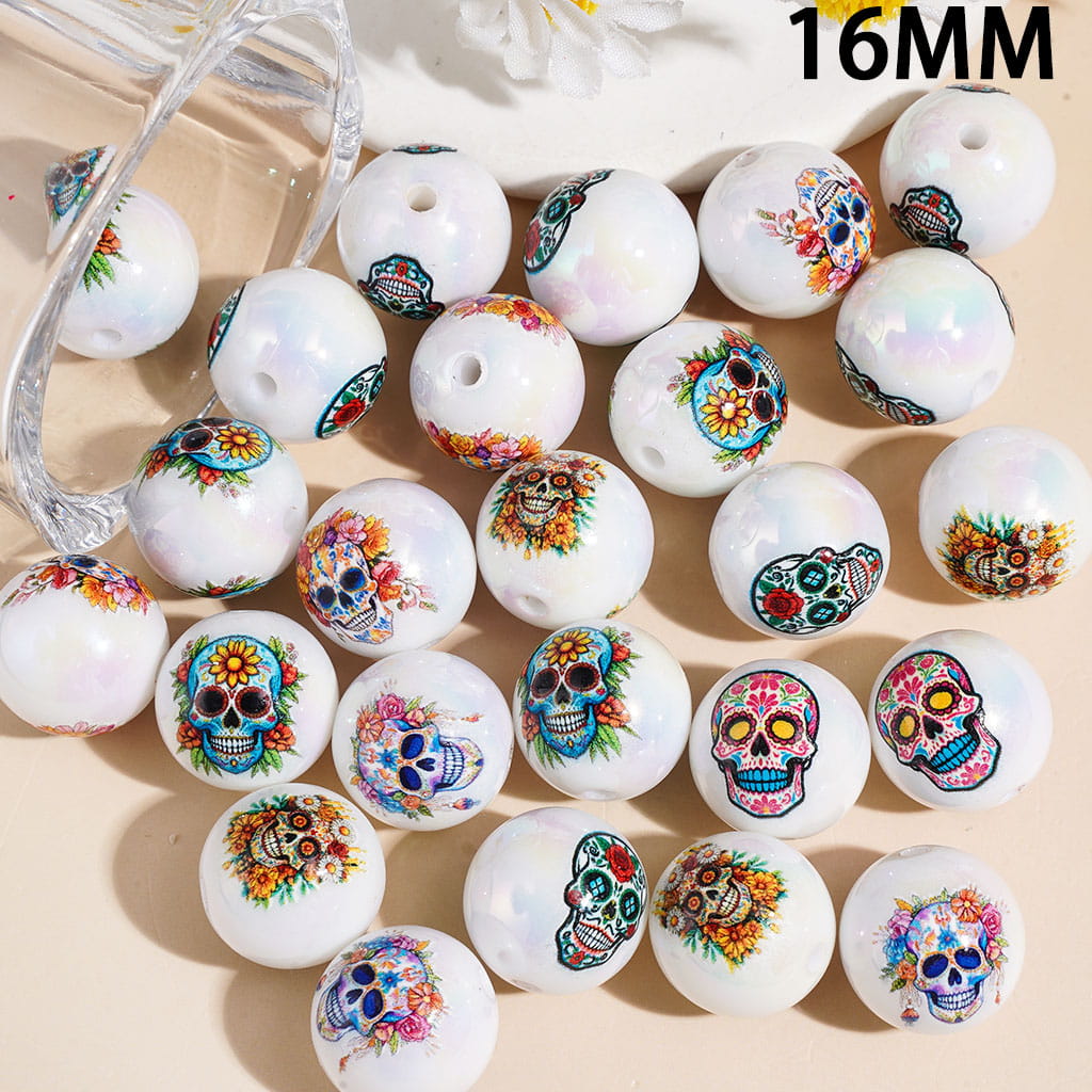 Day of the Dead Skull with Flower UV-Coated Acrylic Beads for Bracelets, 16MM, Random Mix